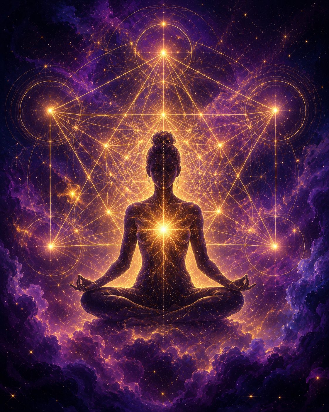 Representação da consciência: silhueta meditando em meio a geometria sagrada dourada